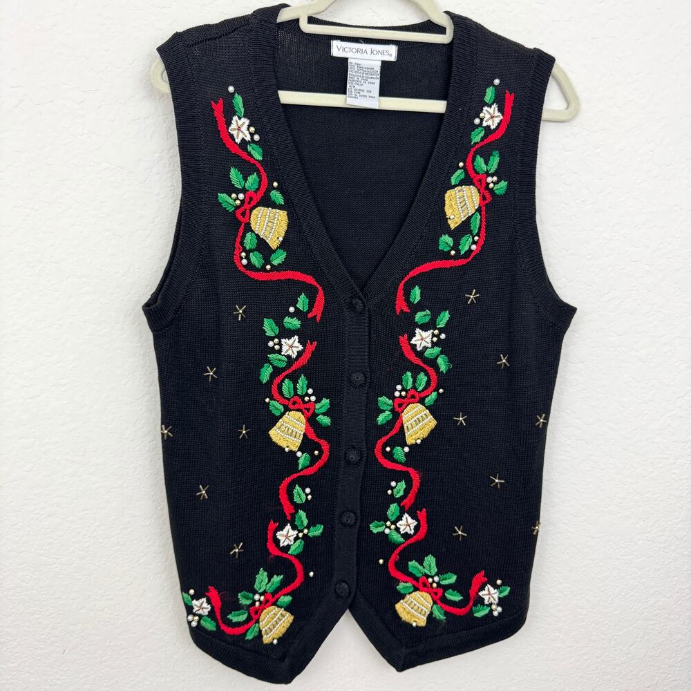 Victoria Jones Womens Sweater Vest Size M Christmas Holiday Embellished Beaded